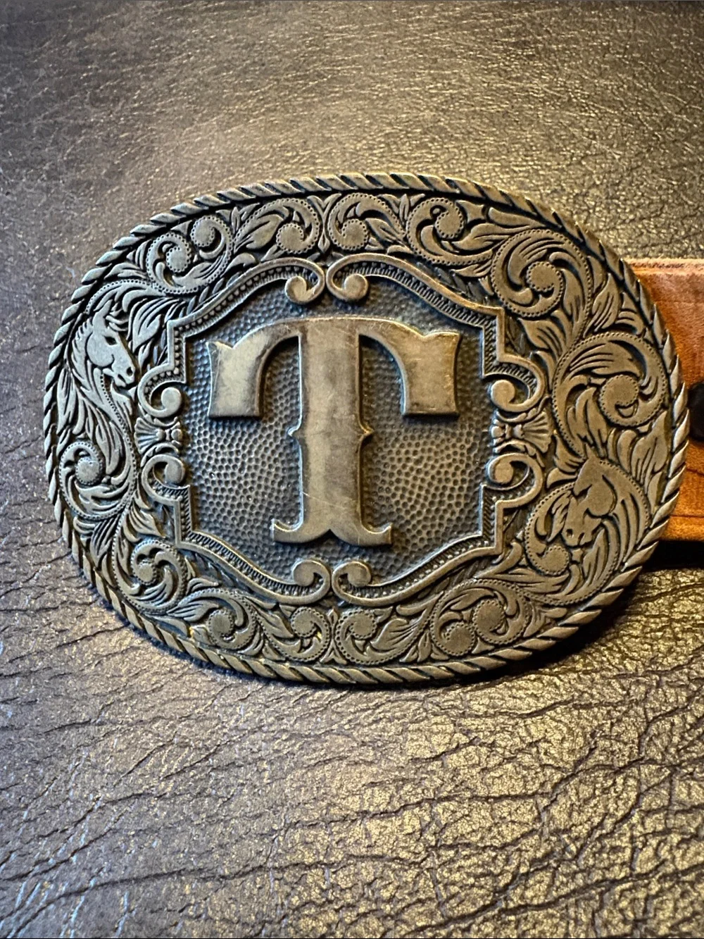 Hand tooled leather Vietnam Veteran belt w/ Award Design Medals letter T buckle